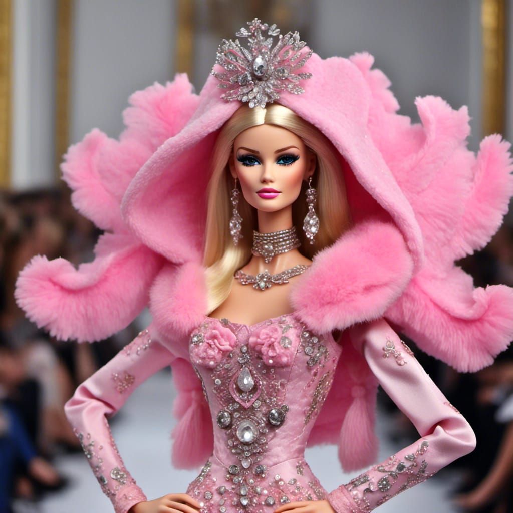 <lora:Barbie:1.0> Barbie on the Paris fashion show runway, modeling the latest haute couteur fashions