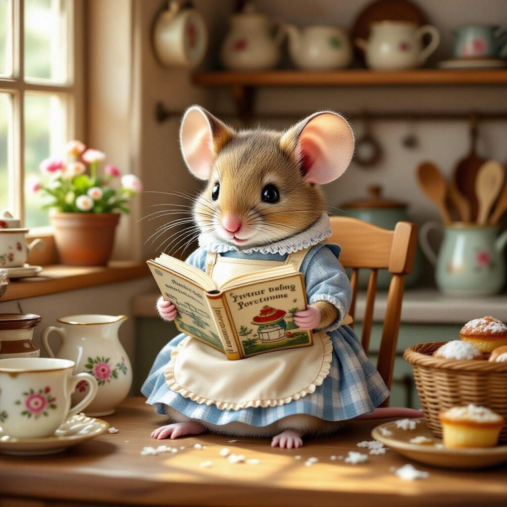 A cute little mouse reading a story book in a cute little kitchen nook  by @MightyThor