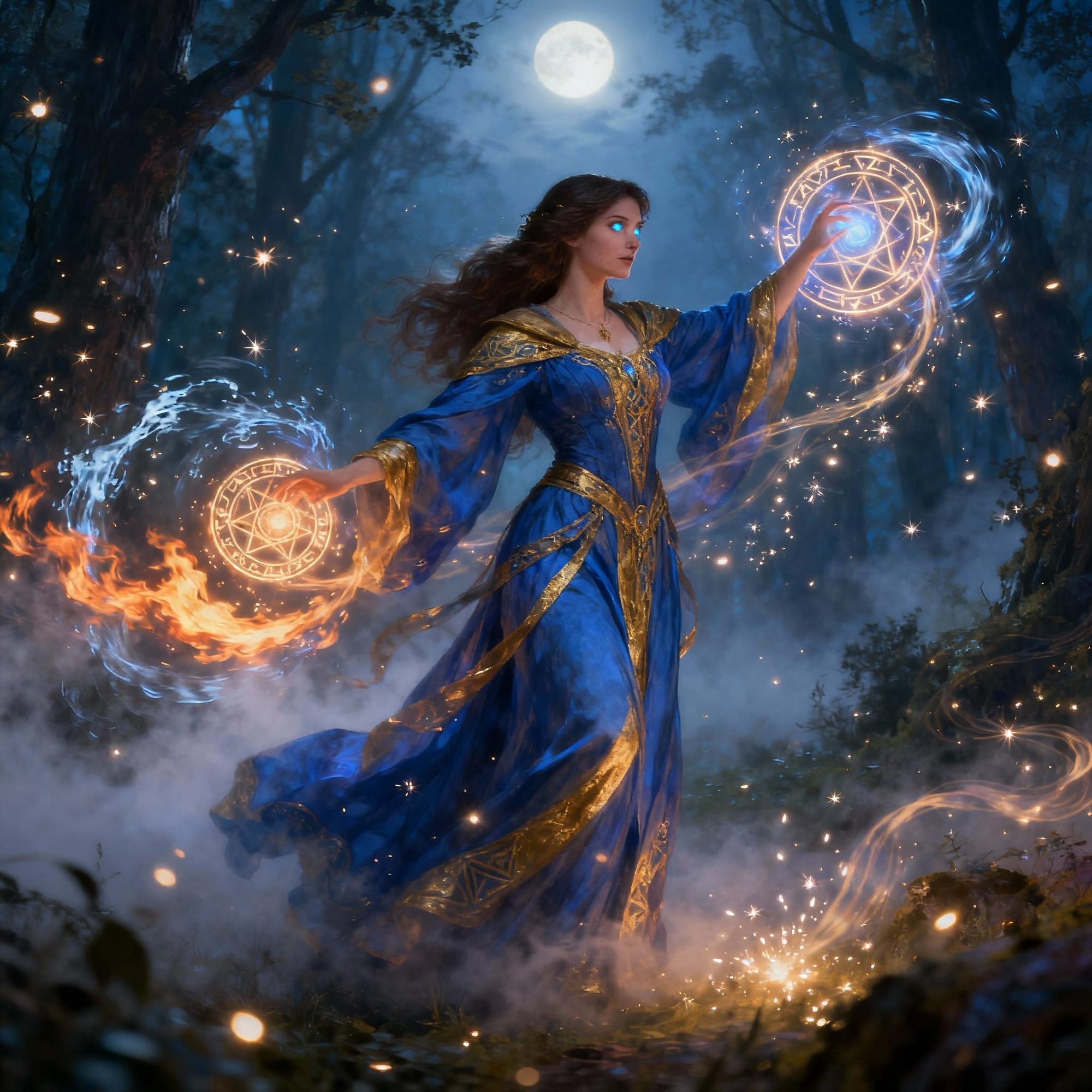 A beautiful sorceress stands in a mystical forest at night, surrounded by glowing sparks and mist. She is dressed in ornate robes with flowi...