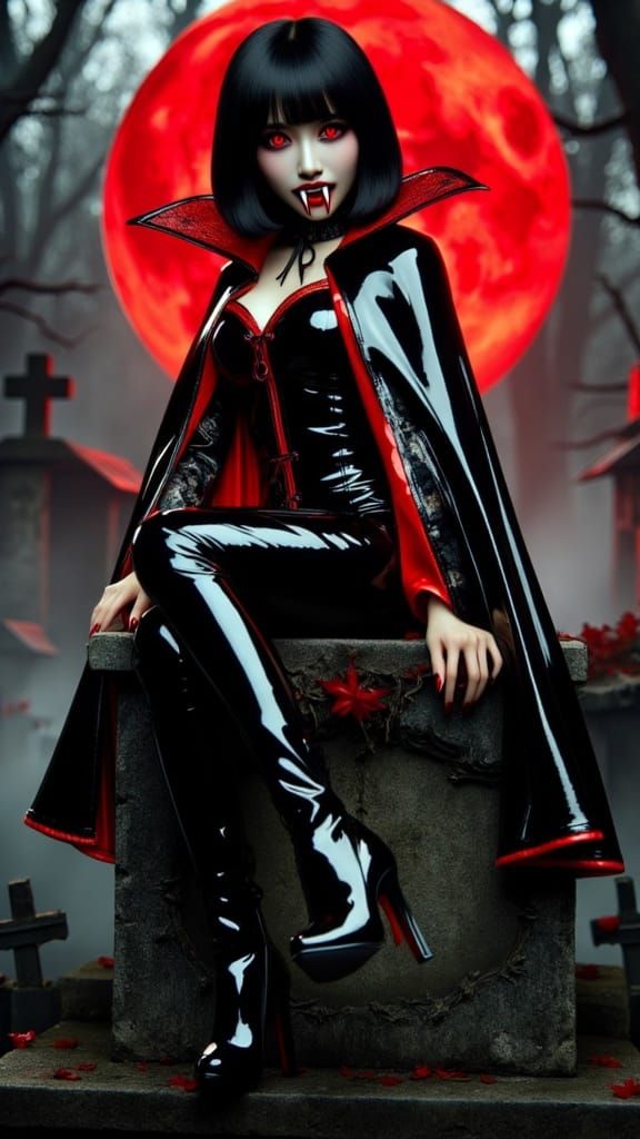 A captivating cinematic film still of a stylish<lora:Asian Vampire:1.0> Japanese vampire with short hair, red eyes, and showing off her beau...