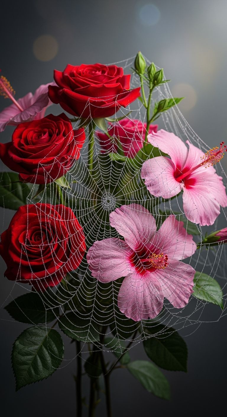Glistening Spider Web With Roses and Hibiscus