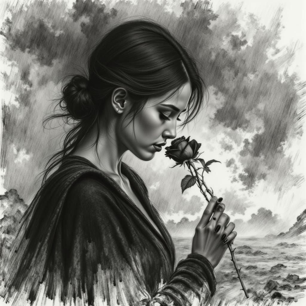 Charcoal woman full body portrait, smeling a rose, rouded by fog, fire, clouds, raining. <lora:Sveta II Charcoal:1.0>