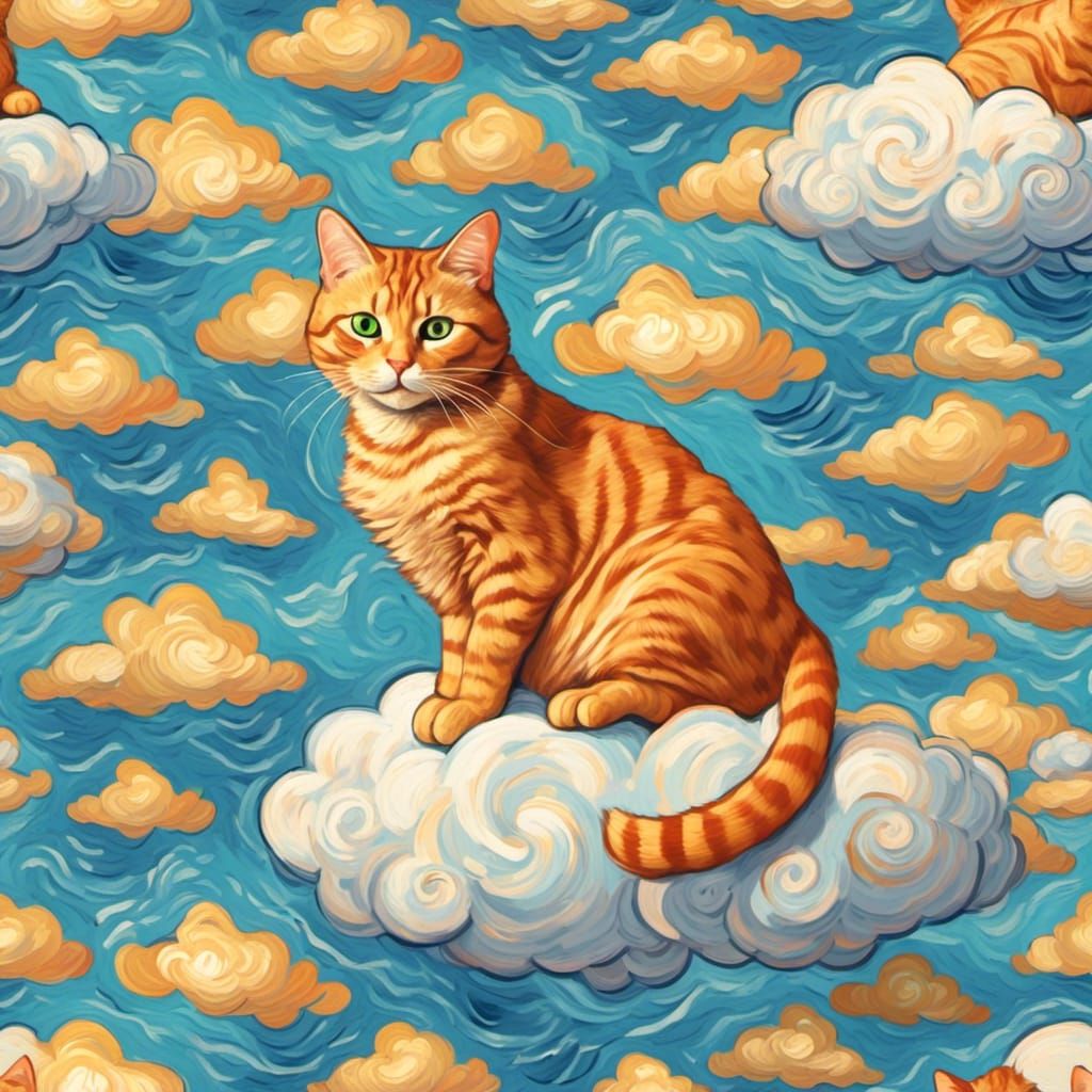 <lora:Van-Mo:1.0> An orange tabby cat sitting on a cloud like a pillow