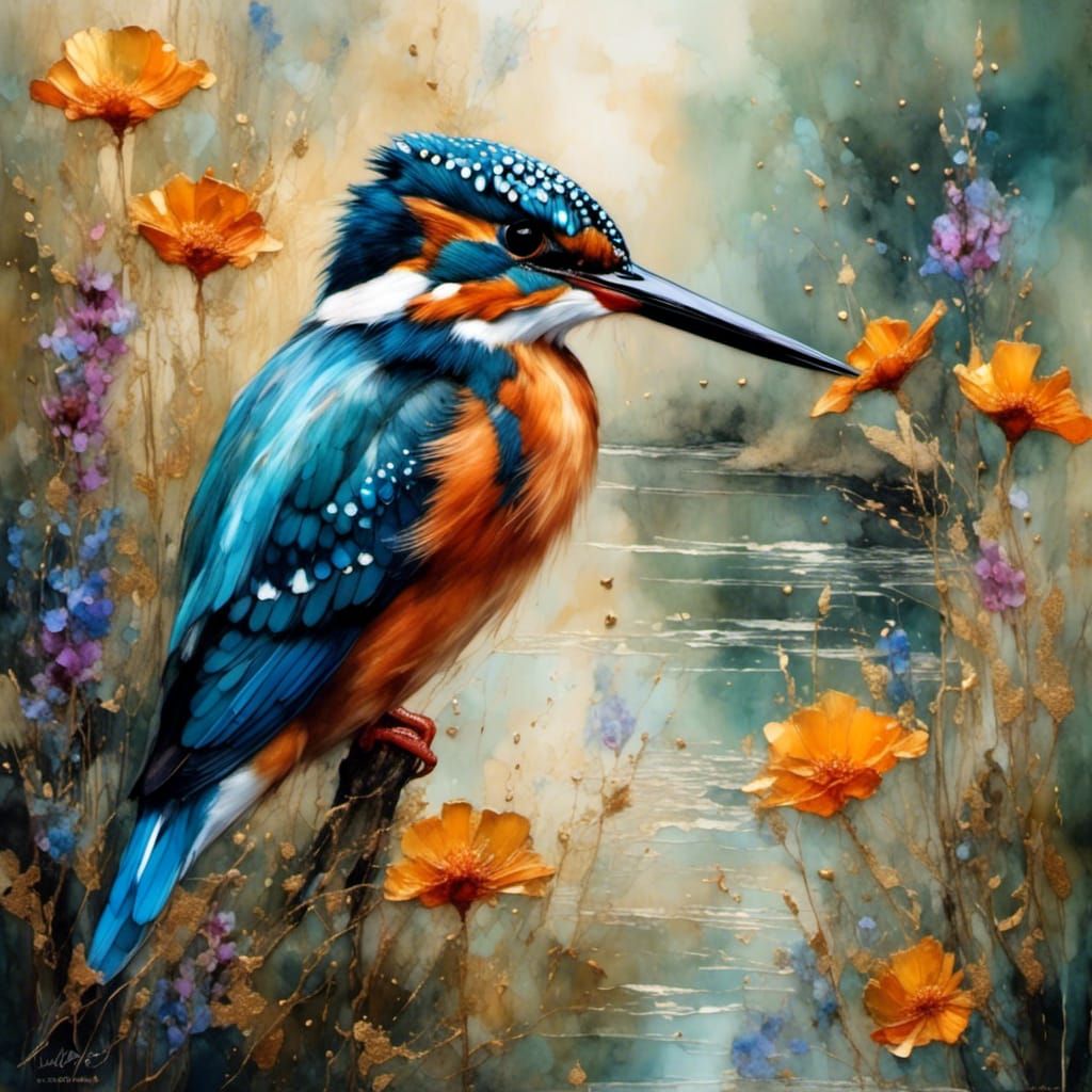 a beautiful kingfisher sits on the river bank with wildflowe...