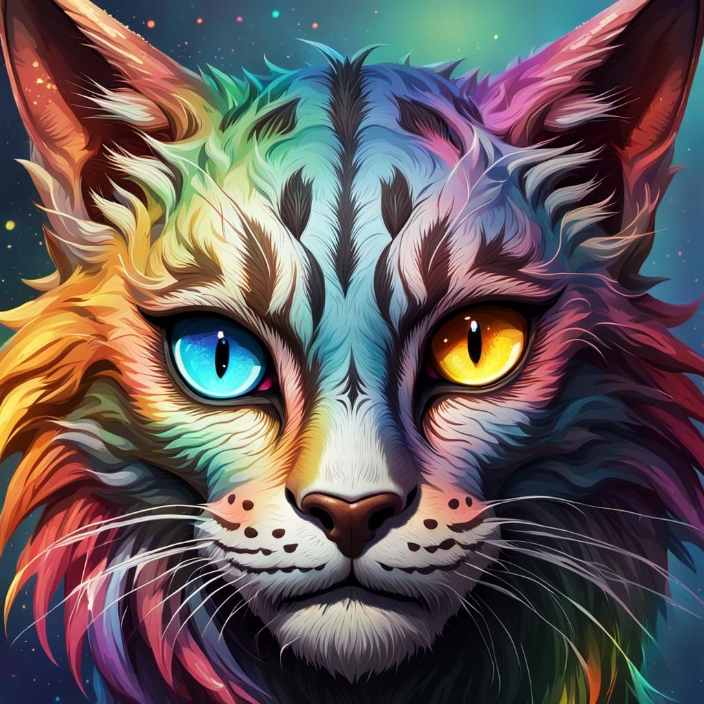 Detailed khajiit male. Rainbow eyes. Rainbow hair.