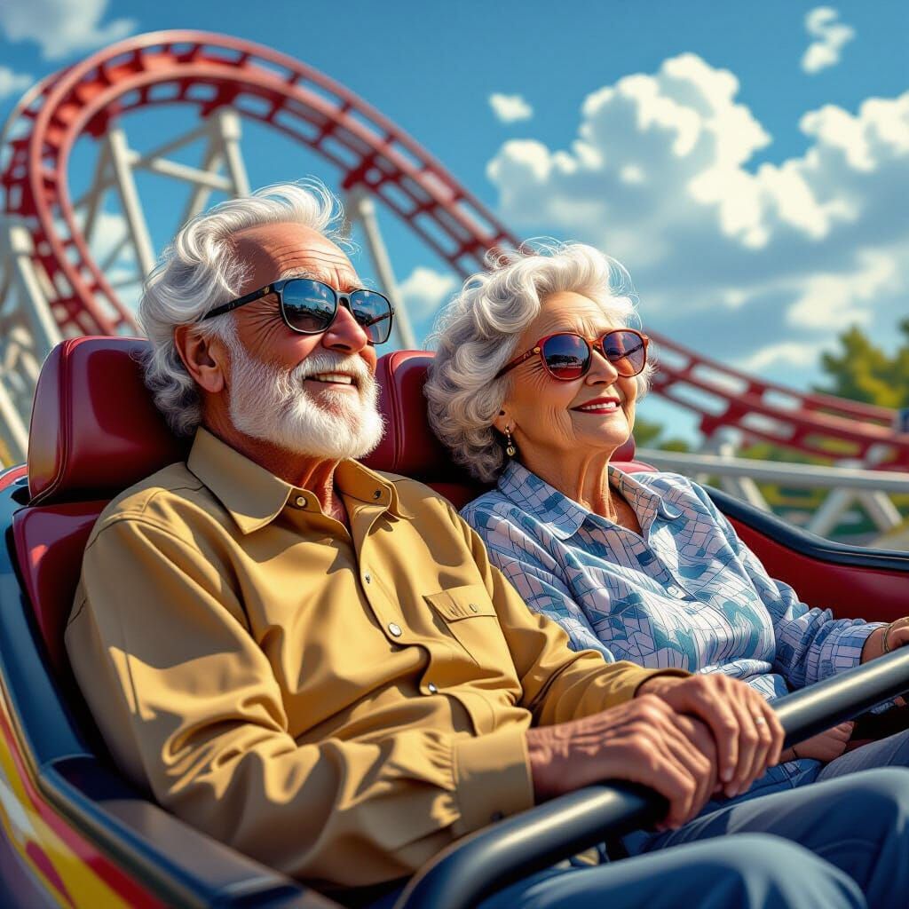 an elderly couple in the front row of a roller coaster  by @Hereami
