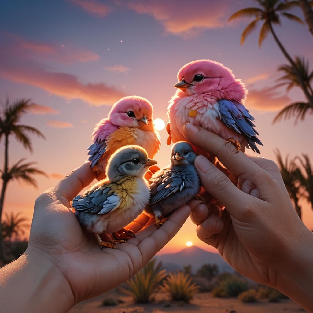 Hands Holding Chicks at Sunset: Vivid Digital Art