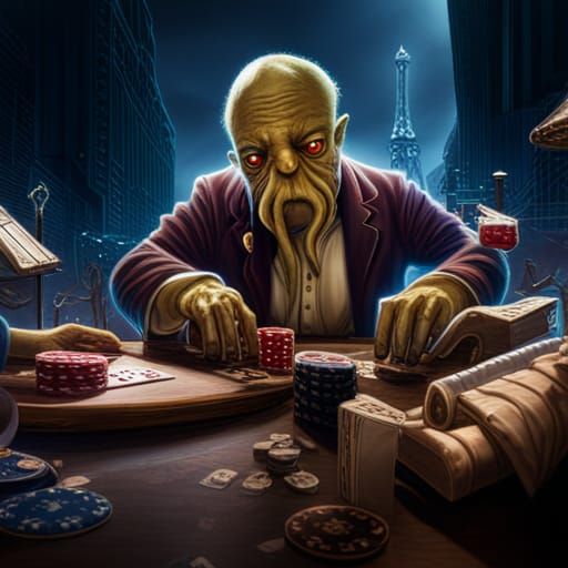 Cthulhu, playing Blackjack in Vegas, 8k resolution, a masterpiece, 35mm ...