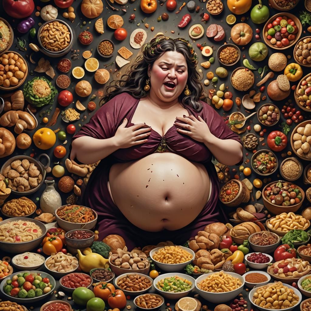 Big belly woman stuffing her face with loads of food show her belly and  rubbing her big fat belly Playing with her bellybutton - AI Generated  Artwork - NightCafe Creator