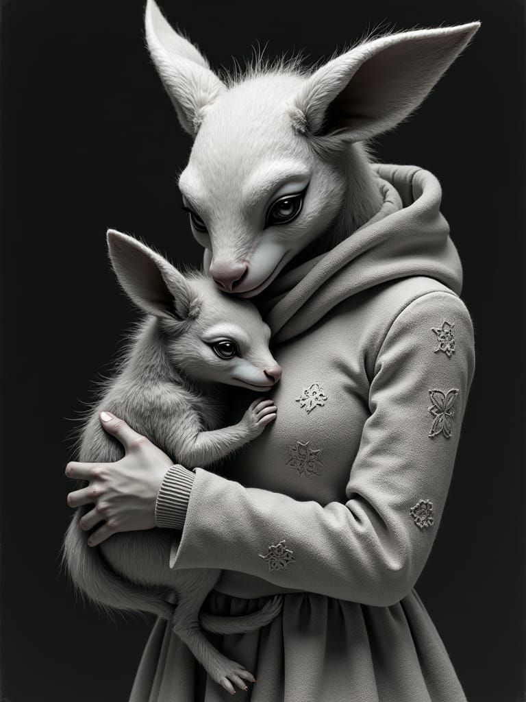 Loving Mother and Cub Portrait in Color Pencil