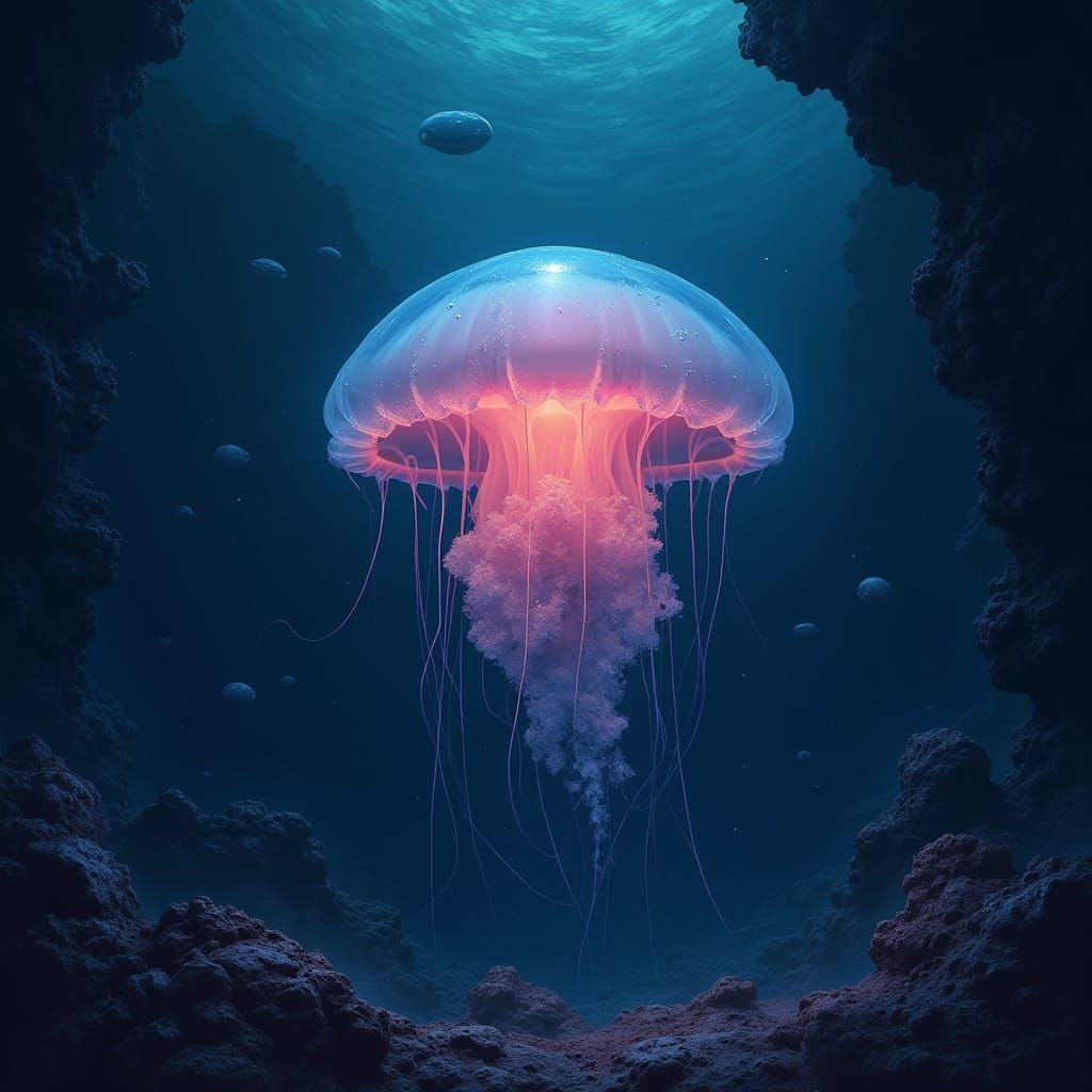 A bioluminescent jellyfish gracefully glides through the inky blackness of the Mariana Trench, its pulsating ...  by @Abby Rexroth
