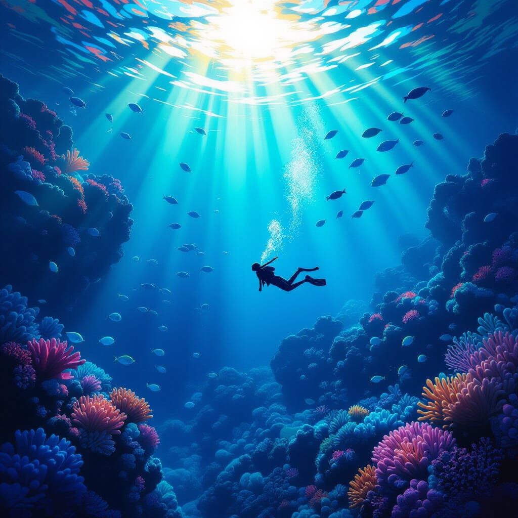 Diver Explores Vibrant Bioluminescent Ocean Floor