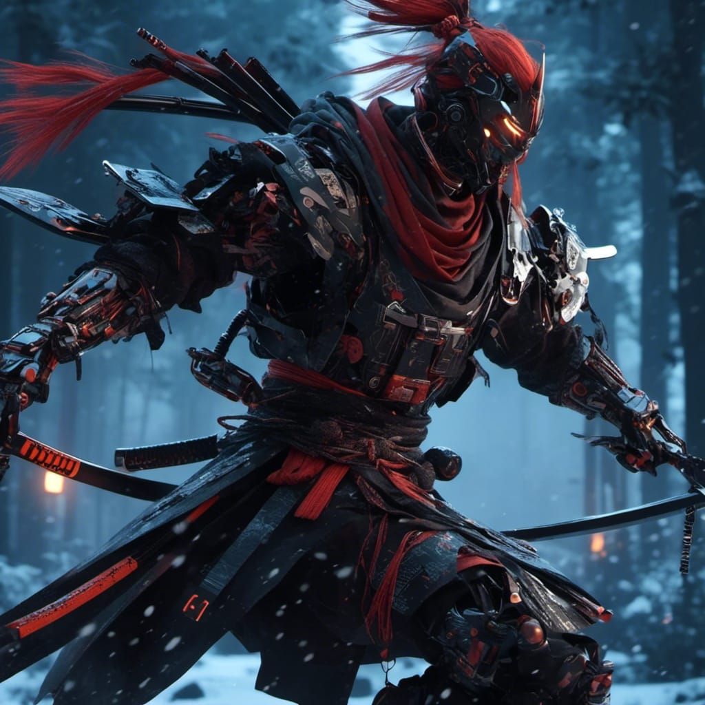 3D cinematic techwear, clean, sharp, robotic samurai, winter<lora:M-TechwearCyberpunk:1.0>