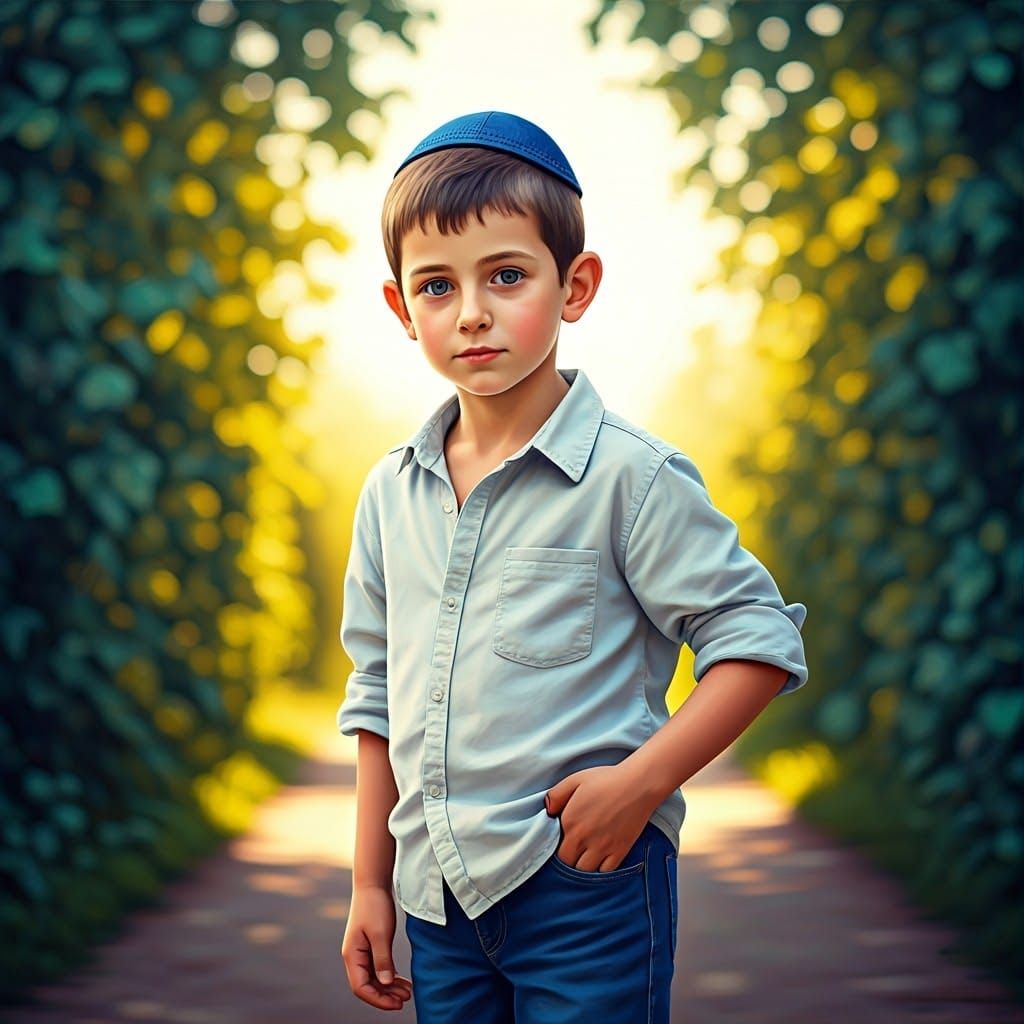 Boy in Traditional Jewish Setting, in Chagall-Inspired Style