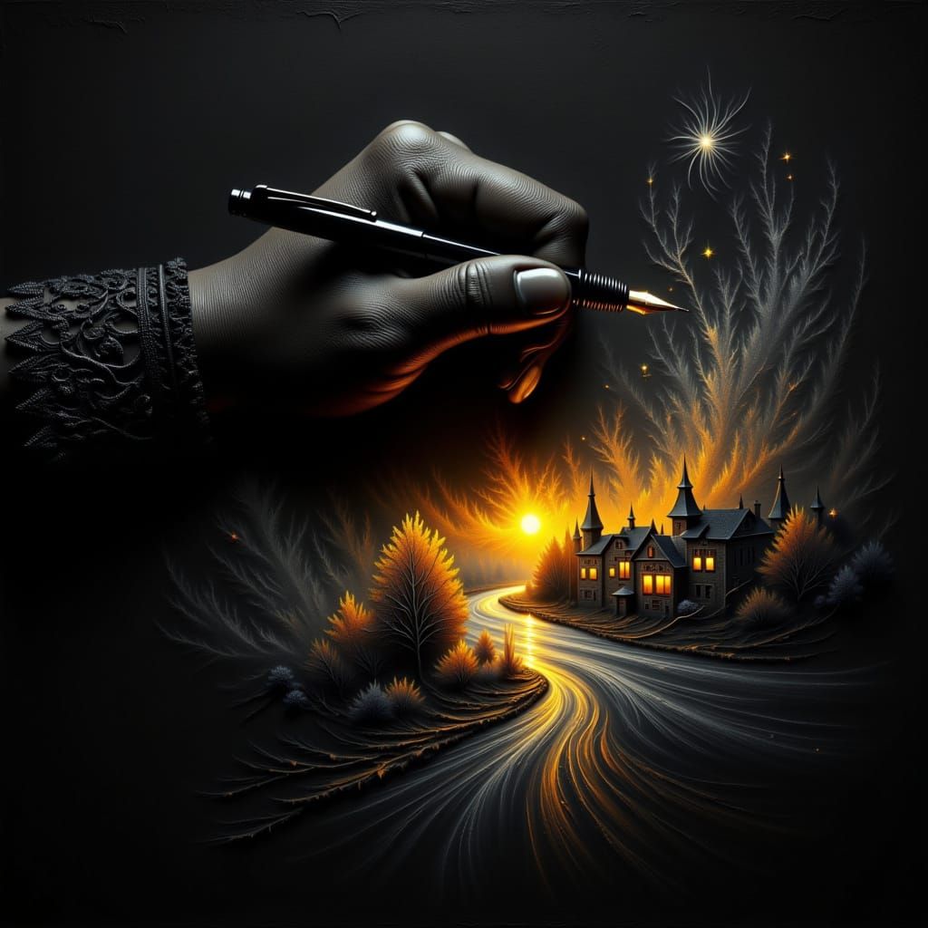 Ethereal Ink Art: Hand with Pen Creates Luminous Village Sce...
