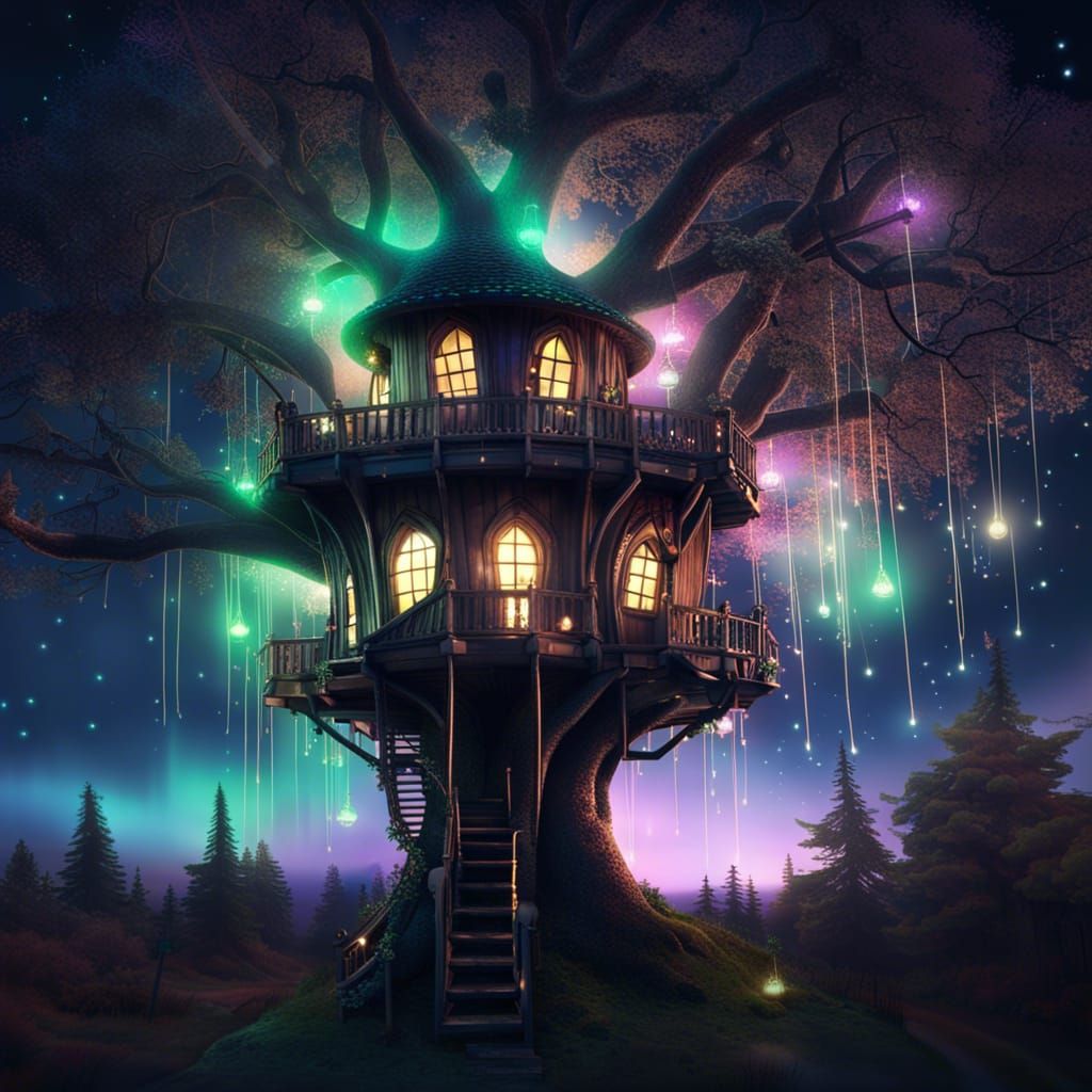 Treehouse Illuminated by Fairy Lights AI Generated Artwork