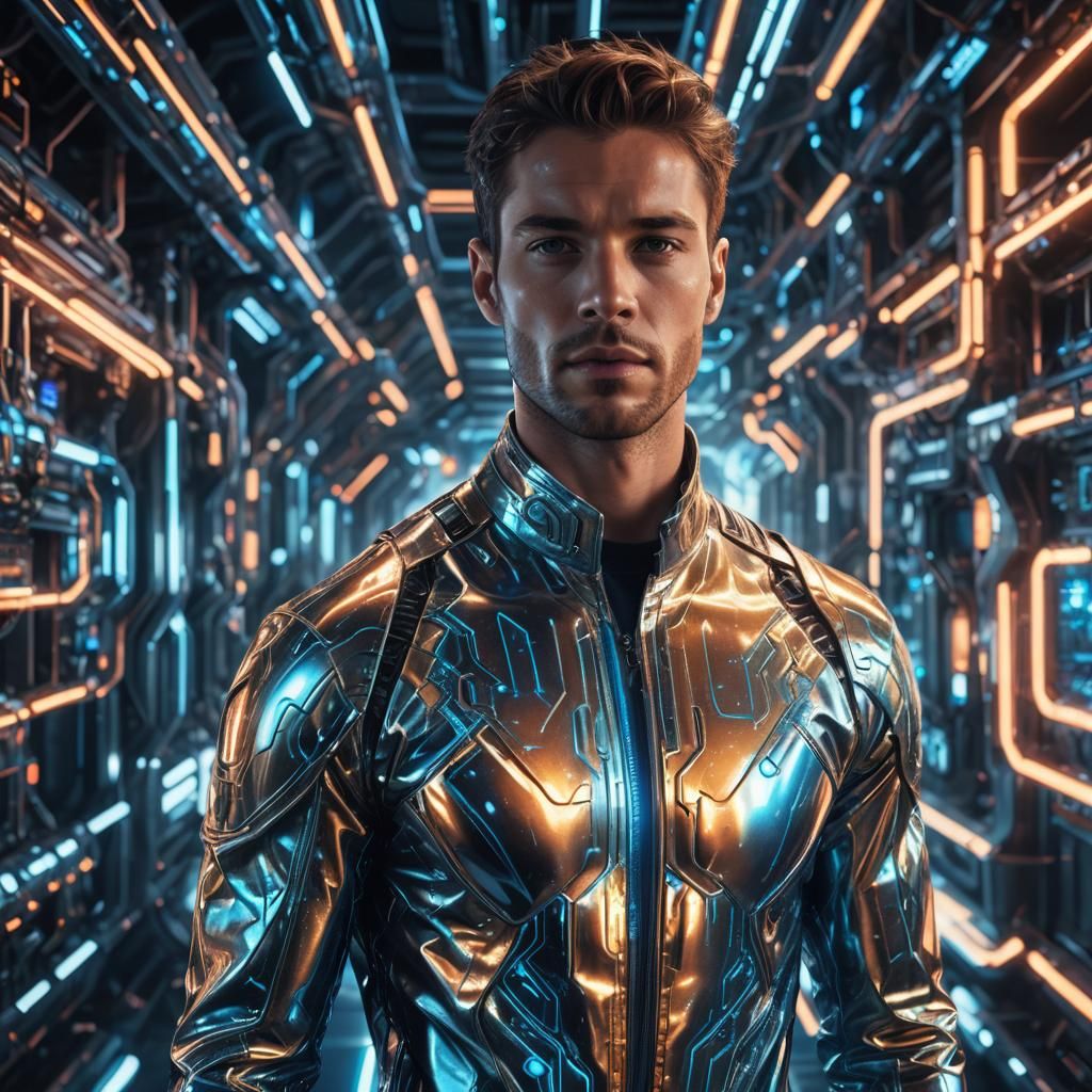 Futuristic Male Model in Metallic Jumpsuit, Sci-Fi Illustrat...