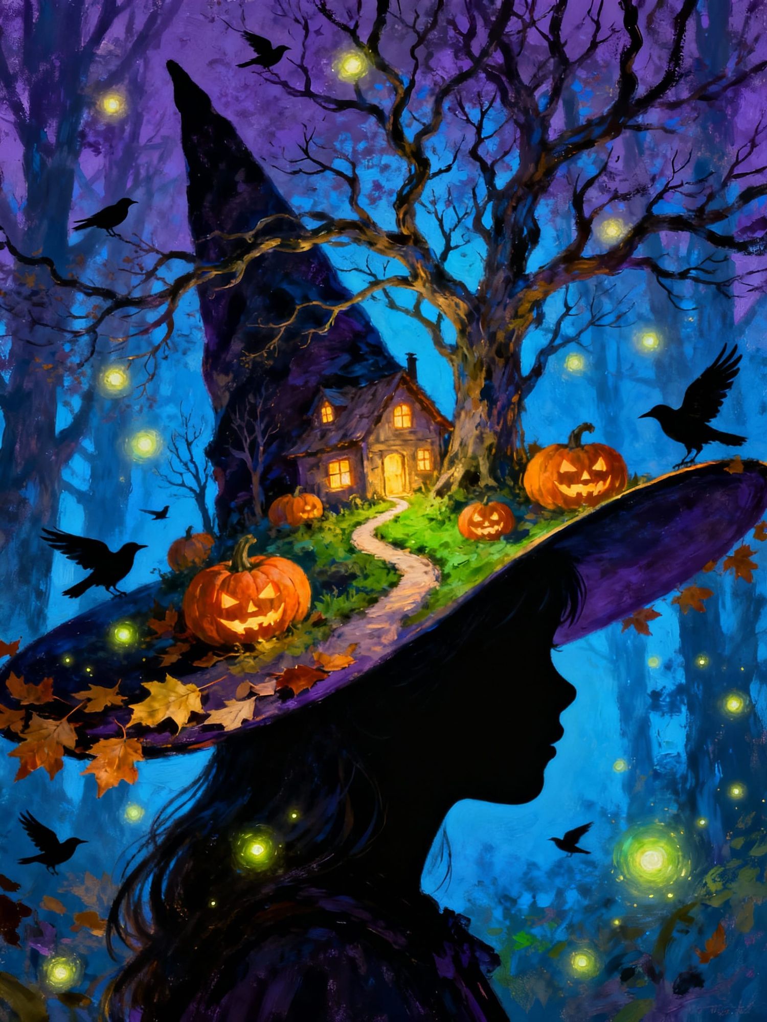 A captivating dream-like fantasy scene with a silhouette of a person wearing a large, pointed witch’s hat. The silhouette appears to be of a...