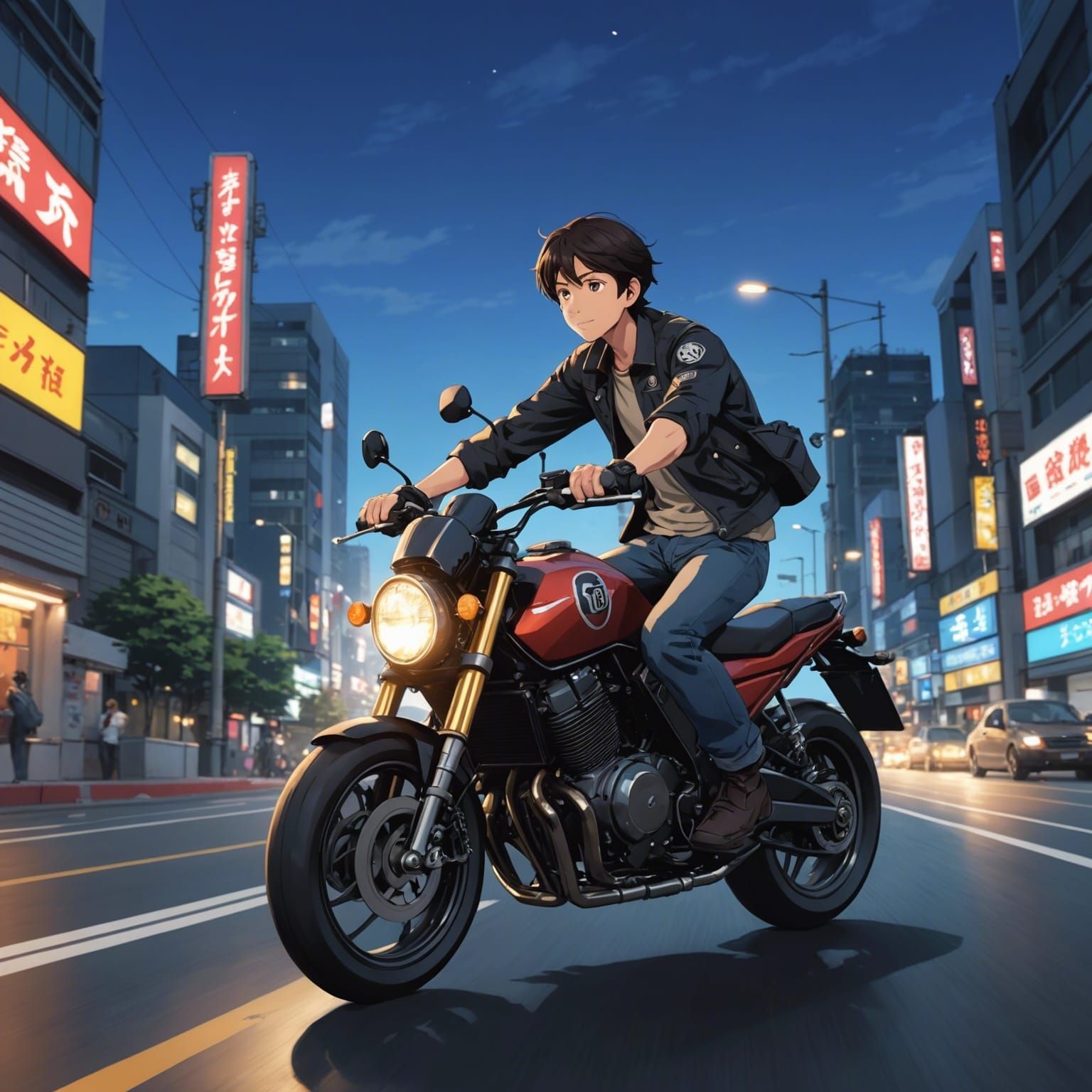 Motorcycle Ride at Night in Anime Style