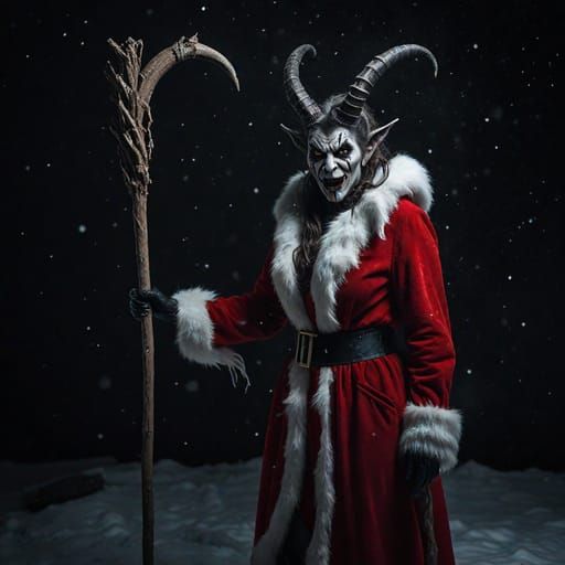 Very scary female version of movie Krampus looking at the vi...
