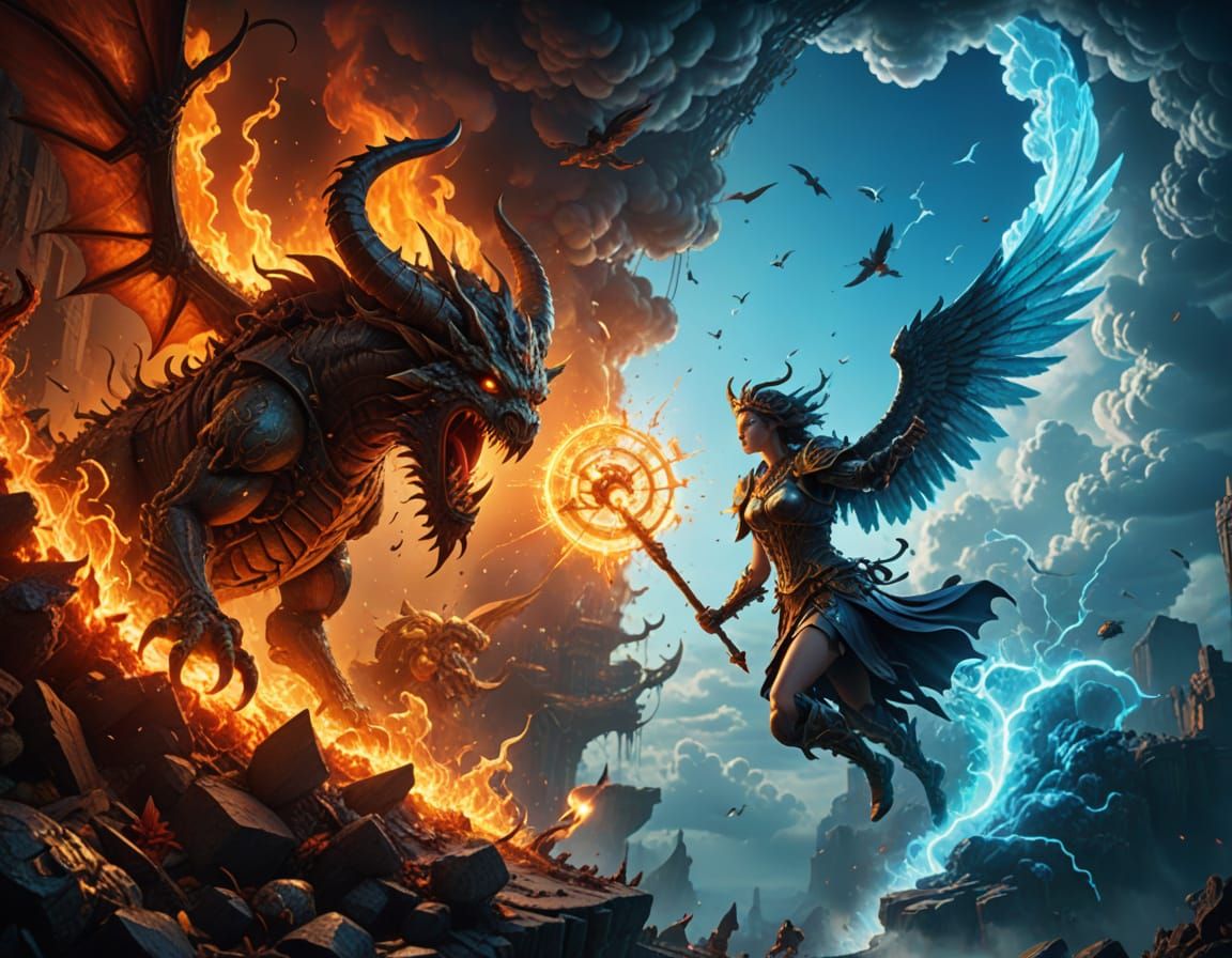 A split screen image, horrors of hell on the left with flames and twisted creatures, and joys of heaven ...  by @Kevi