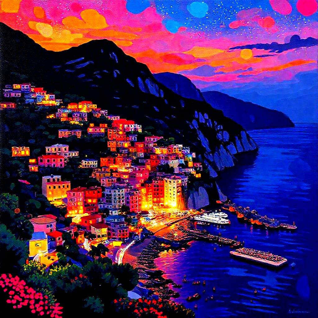 Pop Art Painting of Amalfi Coast at night