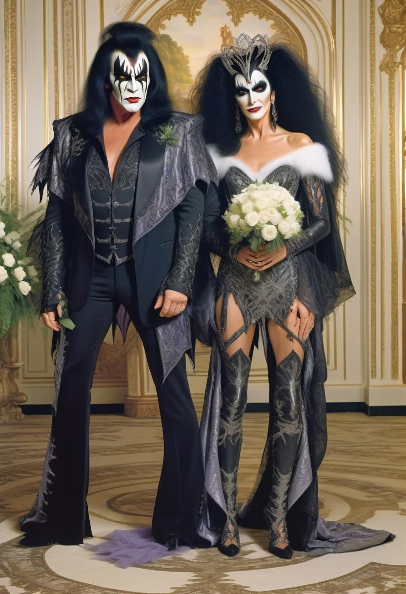 Gene Simmons, in kiss makeup, and young cher, wedding pictur...
