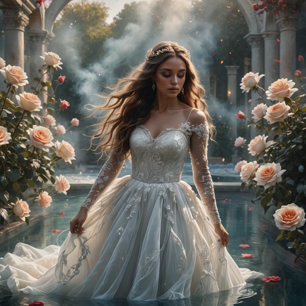 A beautiful woman wearing a long, fluffy white dress, a very...