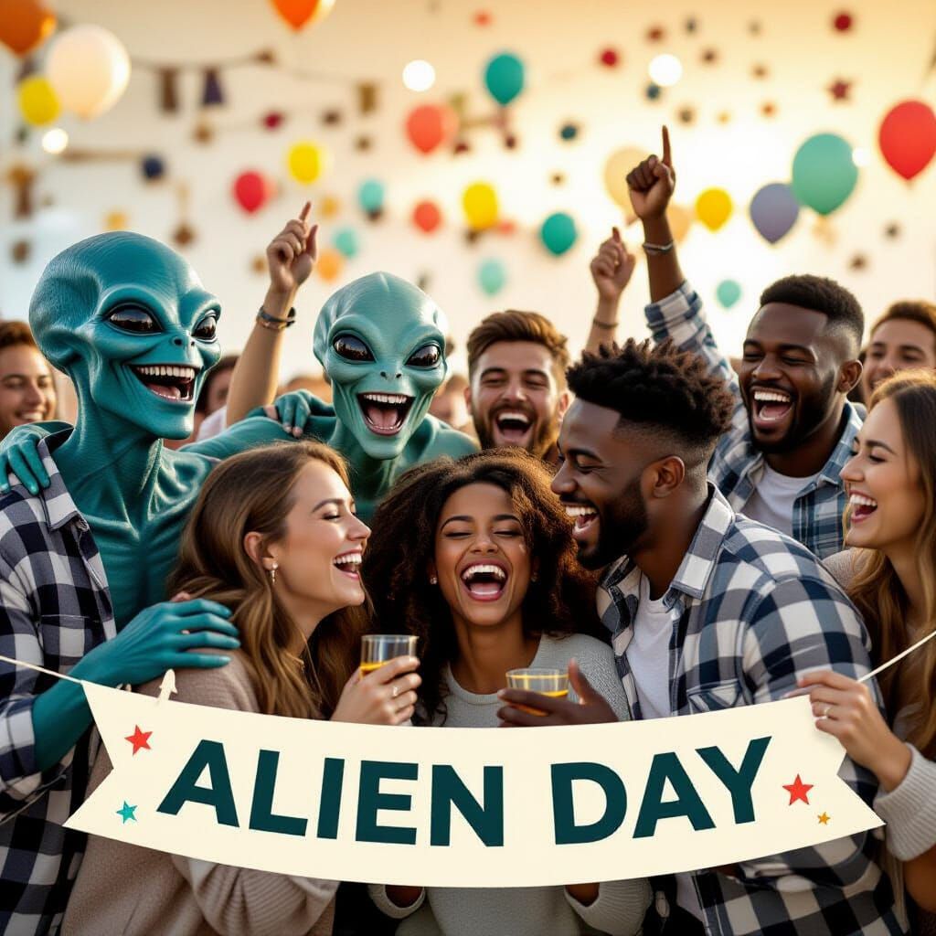 Please generate me an image of a fake holiday called Alien day. Please show in detail aliens & humans ...  by @Garron