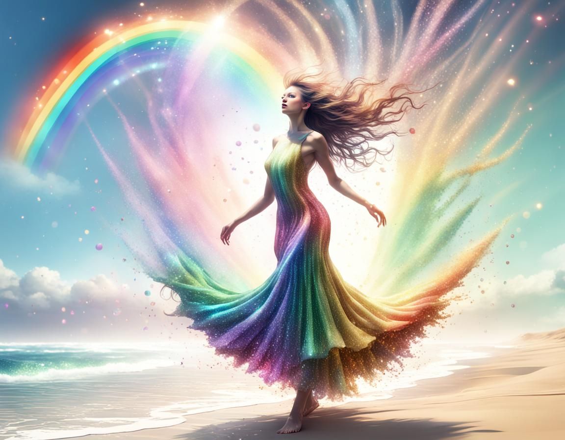 Rainbow glitter elemental rising from a glittering beach, gl...