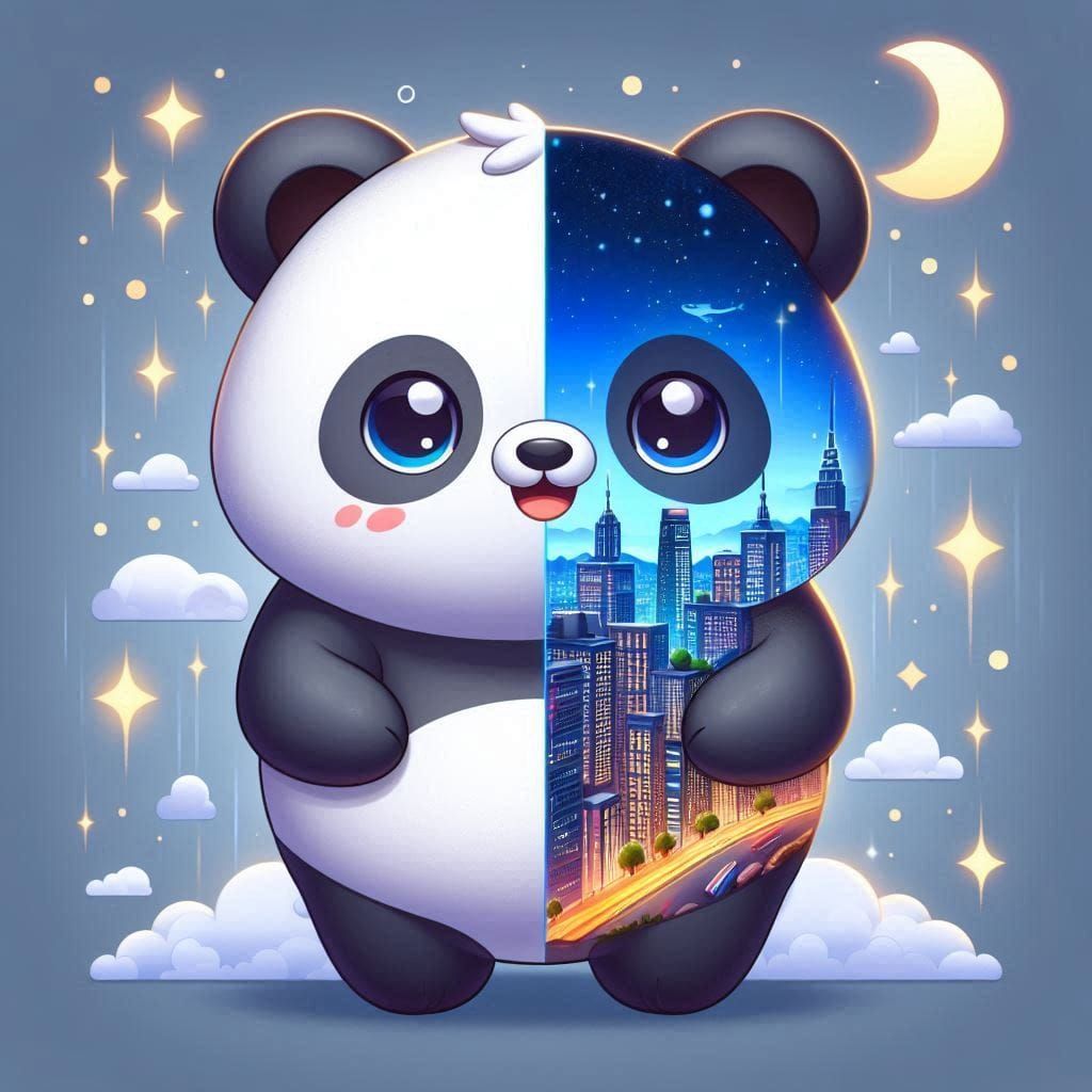 A cute panda in day and night