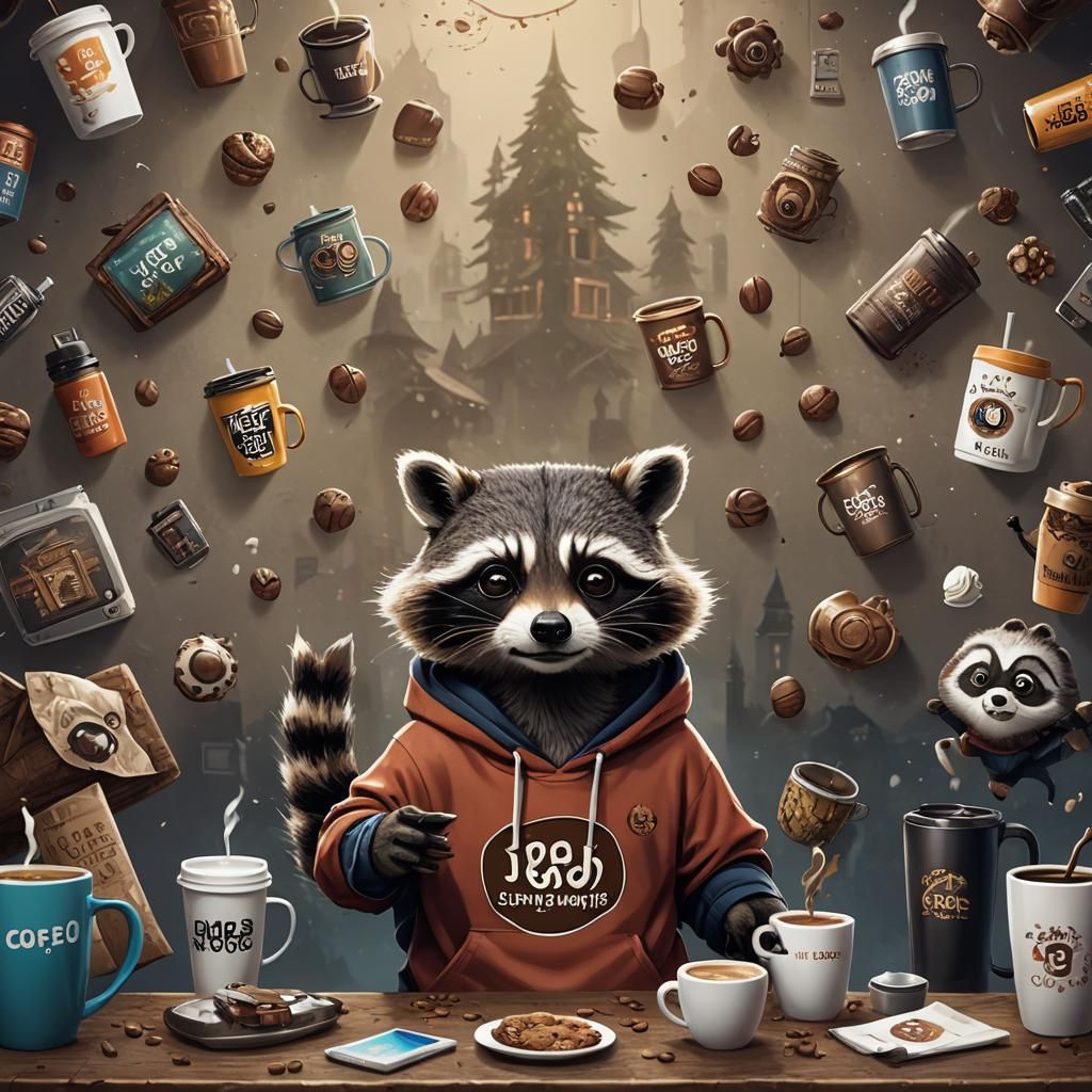A cute raccoon in a sweatshirt with coffee holds in his paw ...