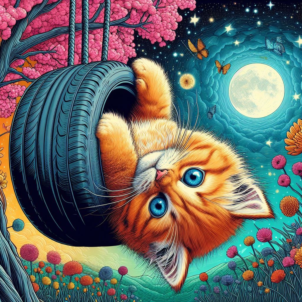 Moon Kitty having fun on a tyre swing!