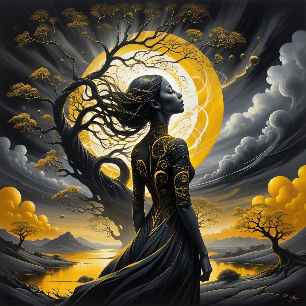 The figure of a thoughtful woman surrounded by an ominous landscape  by @EllaMoonDesign