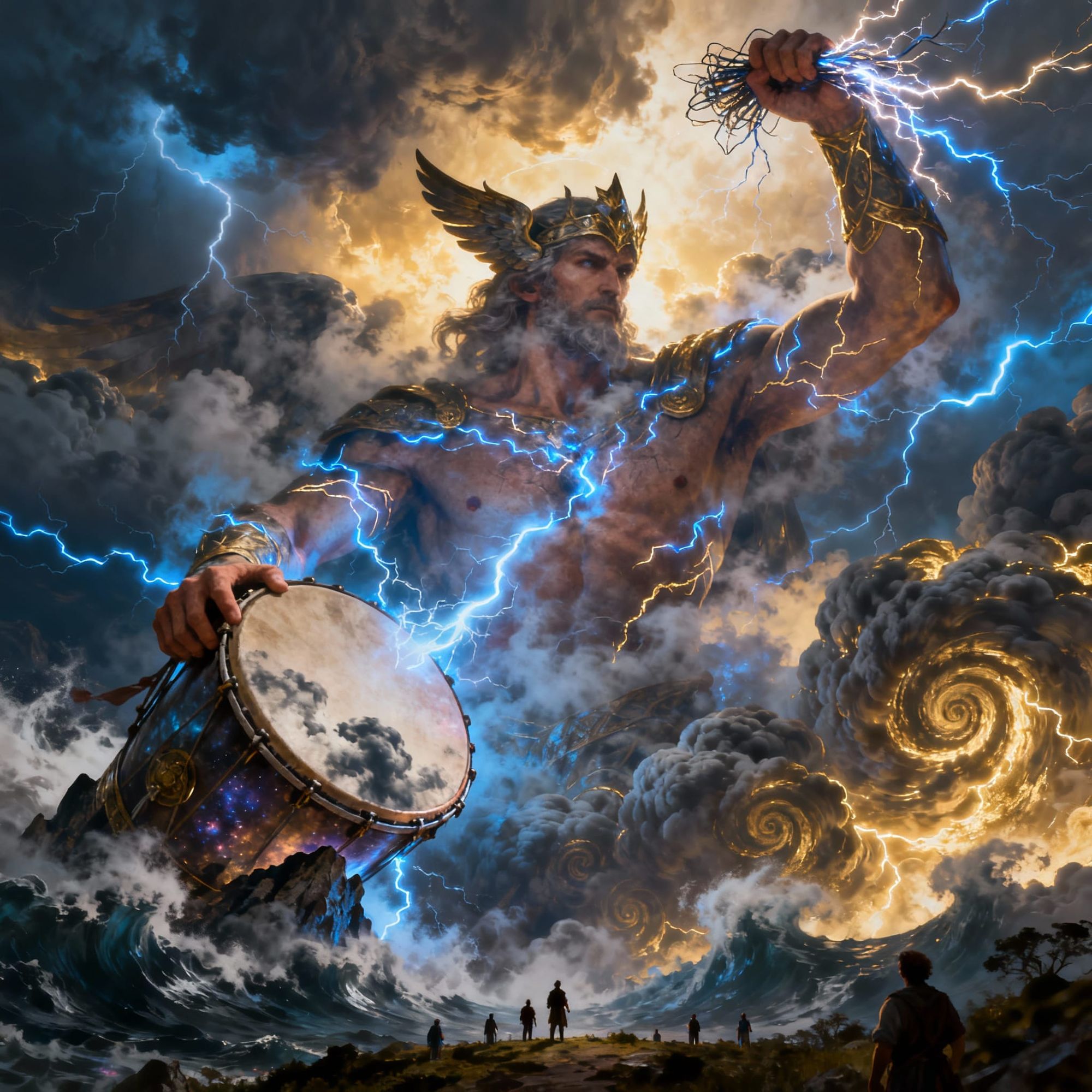 From the heart of a raging storm, the upper body of an enormous god emerges from the clouds — his colossal form towering above the world, ha...