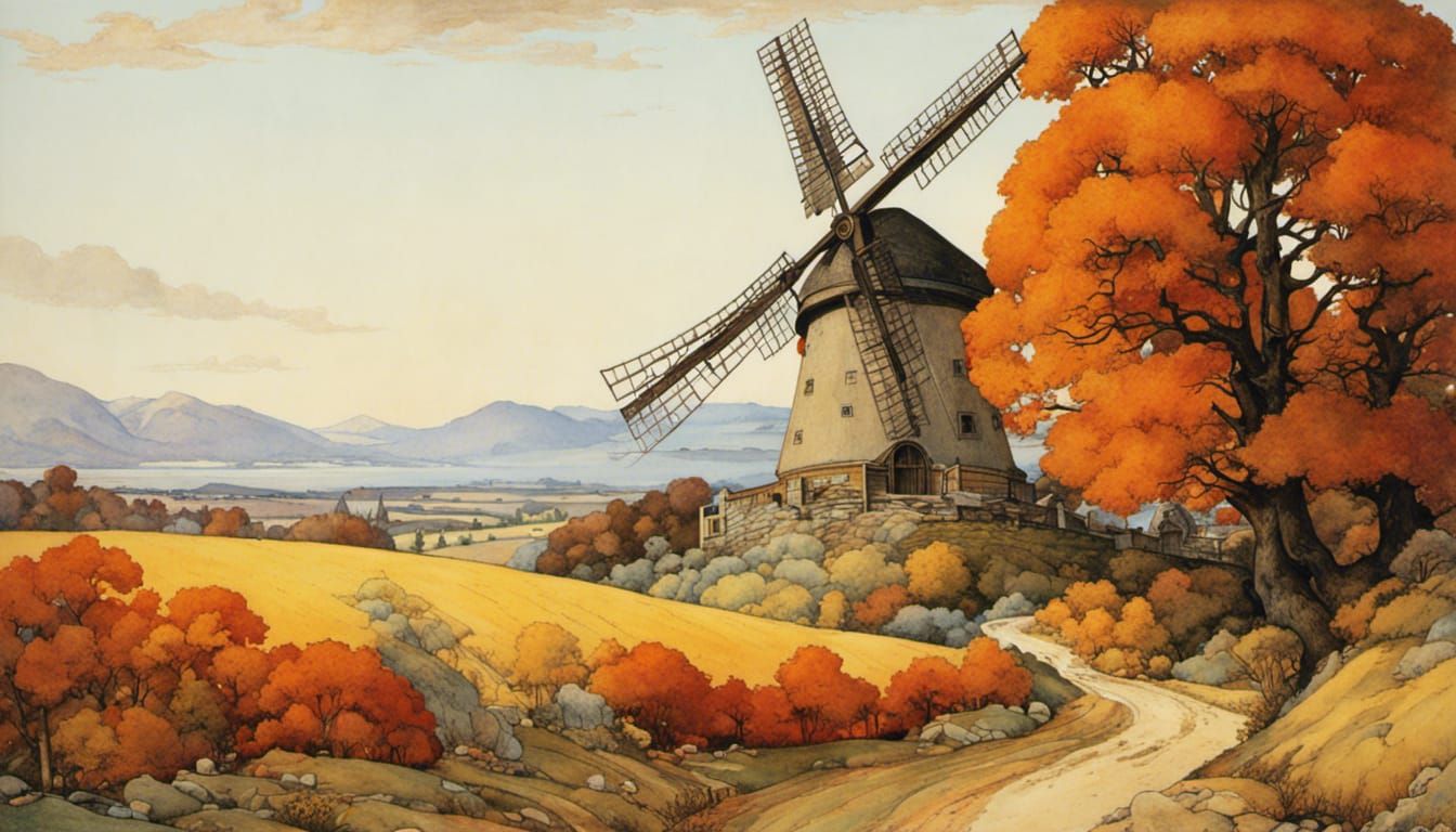 Windmill in an autumn landscape, by Charles Maurice Detmold,...