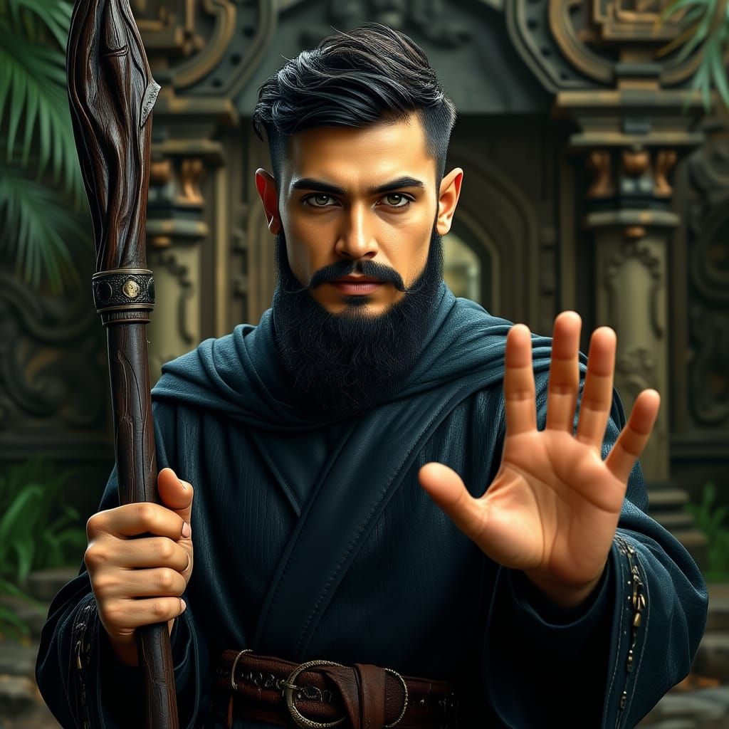 Hyperrealistic portrait of a dark, young male wizard in a enchanting pose. He is dressed in black robe made of black reptile leather with so...