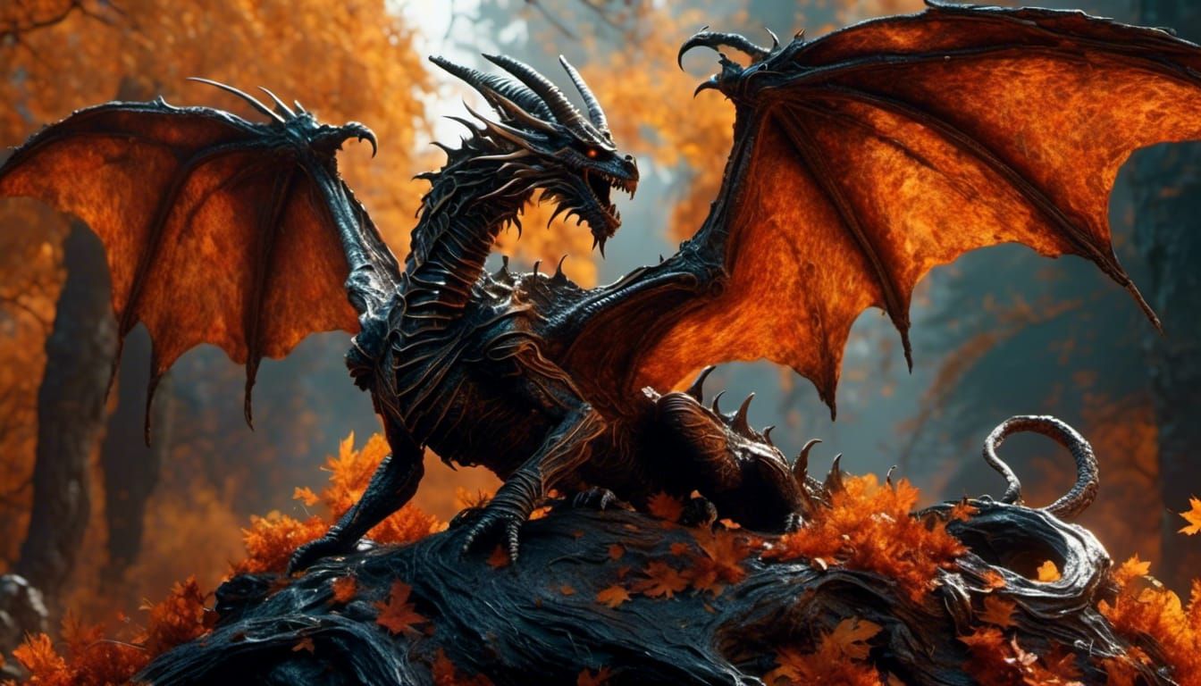 <lora:Sun0fKor:1.0> dragon of autumn with highly detailed orange and dark scales, complex gossamer wings. Exquisite painting.  Abiogenesis d...
