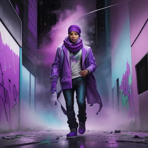 Man Dancing Under Purple Starry Sky in Graffiti Art