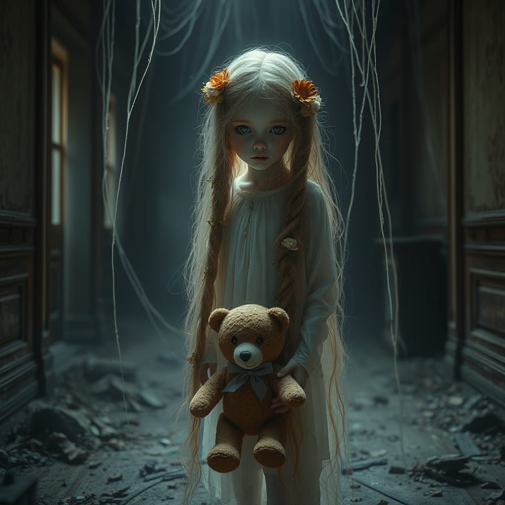 The transparent ghost of a little girl in an abandoned house...