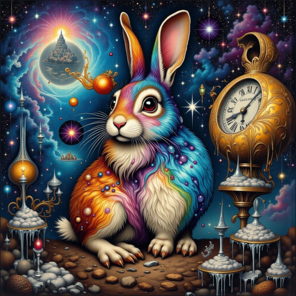 Surreal Rabbit Portrait with Galaxy Fur in Dalí Style