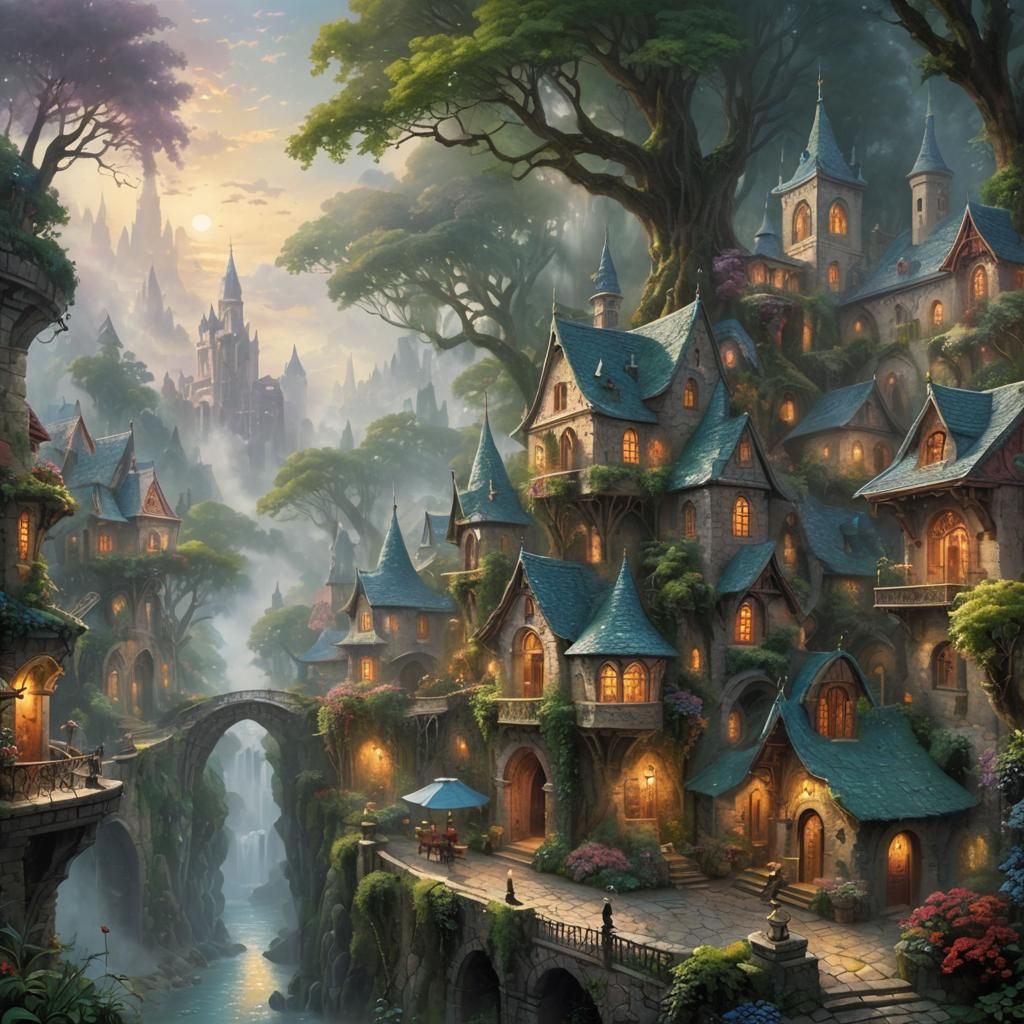 Beautiful magical city with lush vegetation with ancient arq...