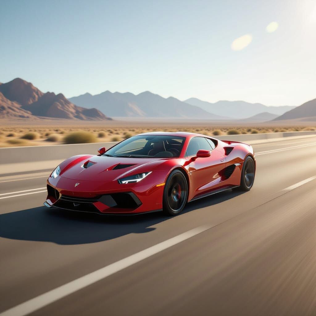 Sleek Red Sports Car on Sun-Drenched Highway