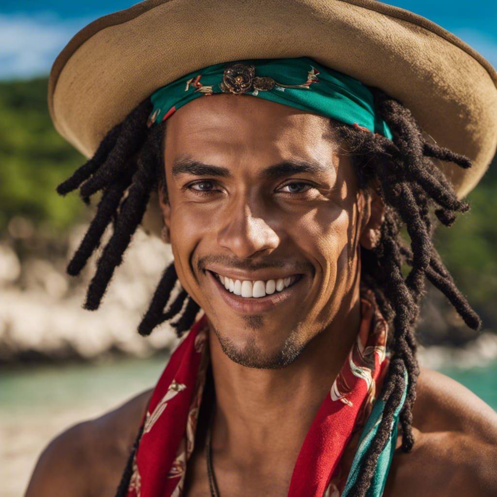 Uhd photo portrait of a smiling young man, black dreads hair, jamaican,  tanned skin, dressed up like Usopp of One Piece, mexican red shirt a... -  AI Generated Artwork - NightCafe Creator