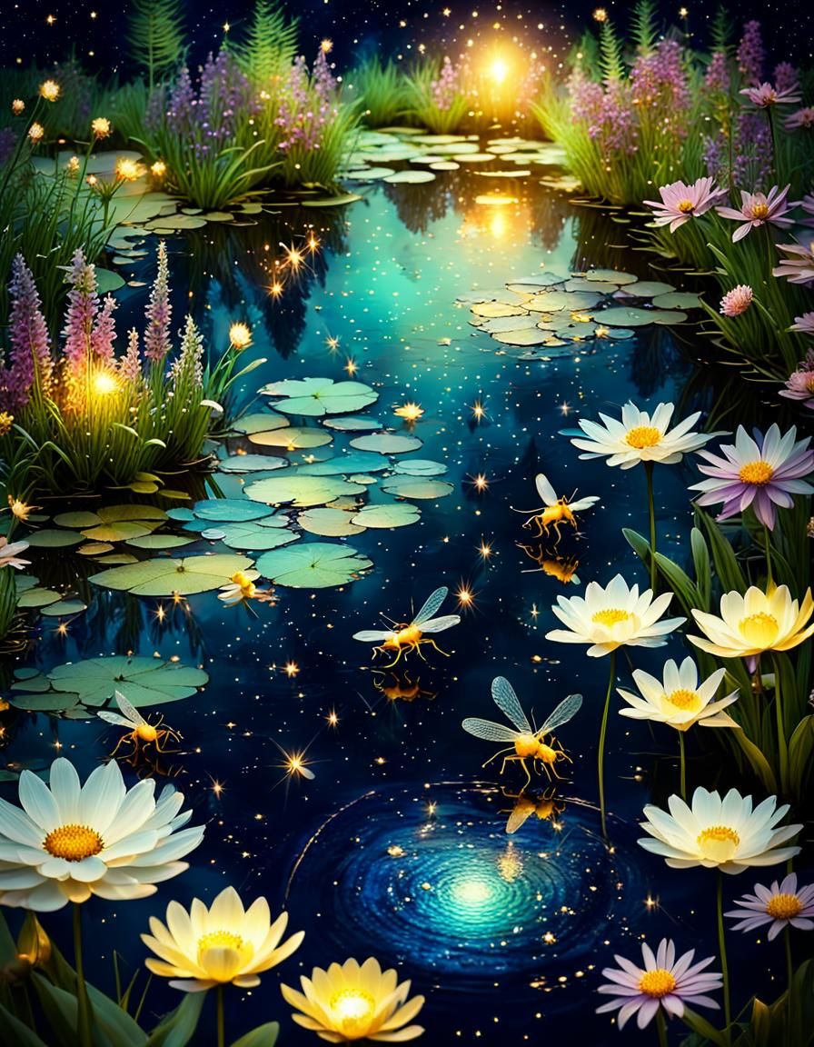 fireflies around a beautiful garden pond