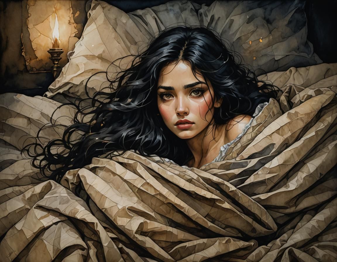 Frightened beautiful princess aged 30, tousled black hair, l...