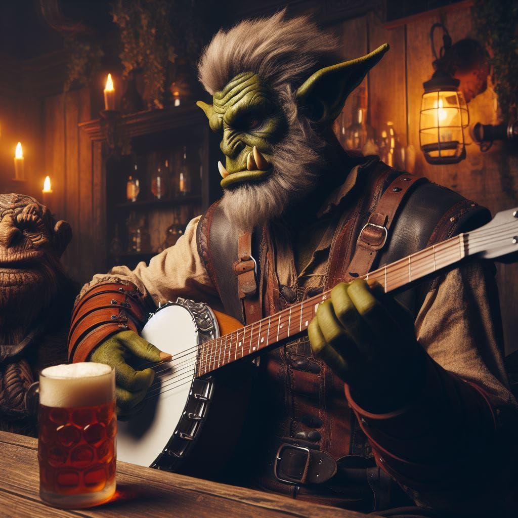 Half-orc bard playing banjo in a tavern