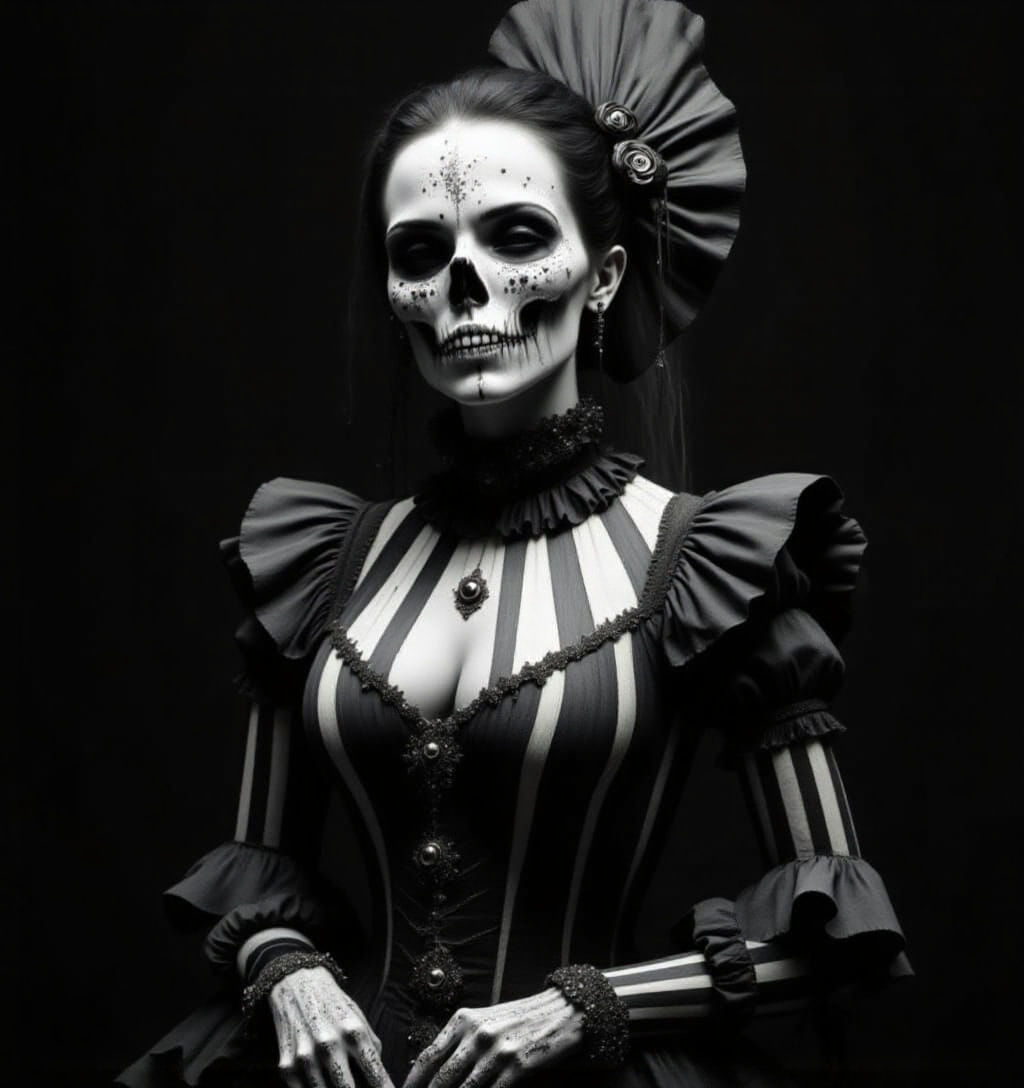 <lora:Shadow whimsy:1.0> <lora:Morbid:1.0> <lora:Shadow Intensity:1.0> Exquisite scene of a circus  setting on stage, skull make up, zombie,...