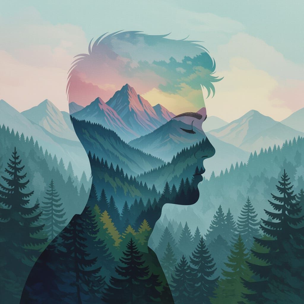 Dreamlike Silhouette Portrait with Mountain Landscape