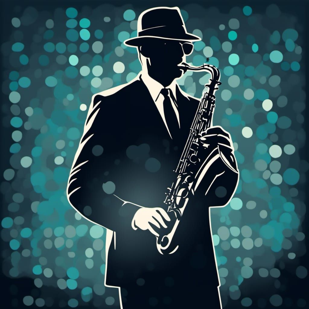 <lora:Film Noir 2D:1.0>
Film noir Medium shot. Silhouette of A man in a suit, hat, and sunglasses playing the saxophone. 2D Vector art. Boke...